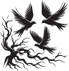 Obraz premium A flock of three birds flying above a leafless branch