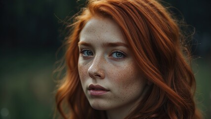 Fototapeta premium Portrait of a cute red-haired girl with freckles