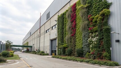 Obraz premium Vertical gardens climb factory exteriors improving air quality and aesthetics.