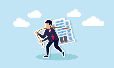 A businessman ties a company building with a rope and lifts it to carry, illustration of protecting business assets from being stolen by competitors