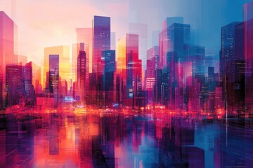 A colorful and abstract depiction of a modern city skyline with a reflection on the water.
