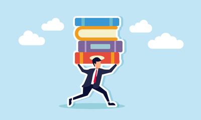 A businessman runs while holding a stack of books, illustration of completing a business project report effectively and efficiently
