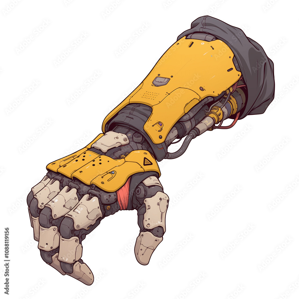 Poster cyberpunk inspired augmented arm with intricate mechanical details and vibrant yellow design, isolat