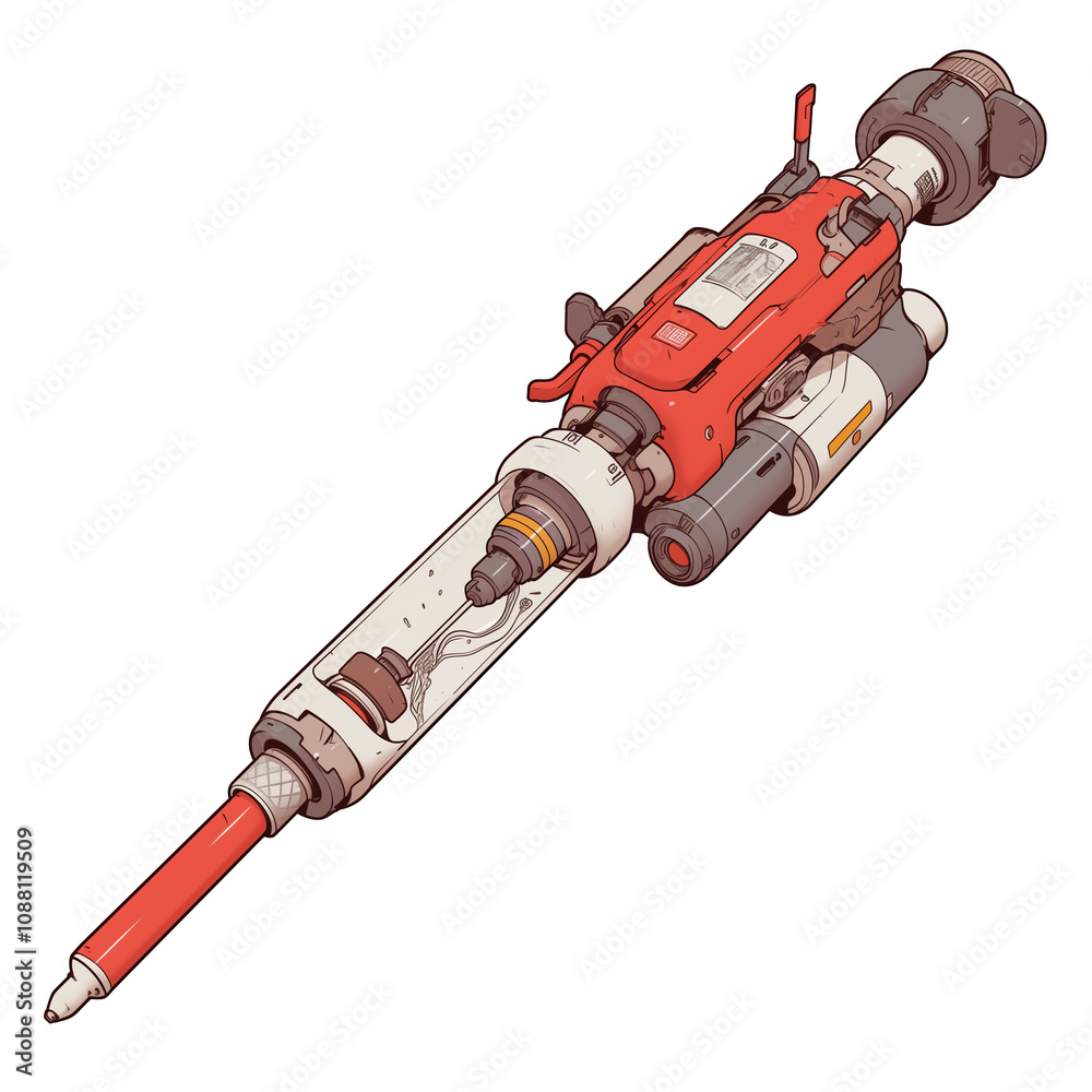 Aufkleber futuristic bio injector with cyberpunk design, featuring intricate details and sleek red and white color scheme, isolated on white background