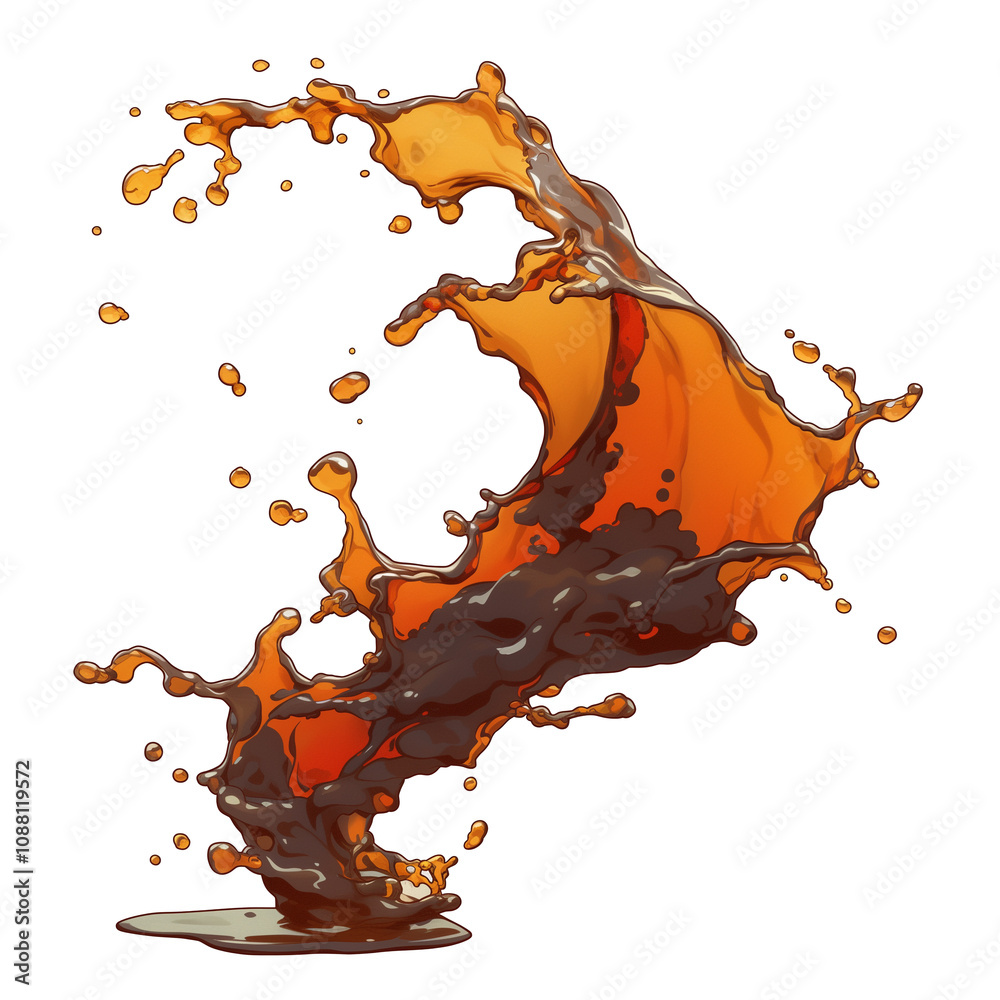Poster dynamic splash of black tea captured mid air, isolated on white background, showcasing vibrant amber