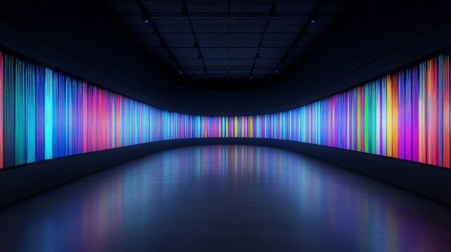 Chromatic Corridor: Immersive digital art installation of vibrant, multicolored vertical stripes creating a mesmerizing, infinite tunnel effect. Perfect for showcasing technology, design.