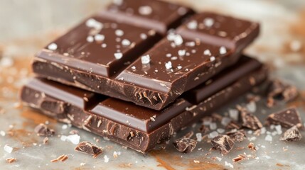 Close-up of dark chocolate bar with sea salt on top.