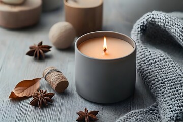 Naklejka premium Warm flickering light of a spice infused candle highlighting the inviting details of a cozy hygge inspired living space with rustic wooden accents soft woolen fabrics and alluring fragrant notes
