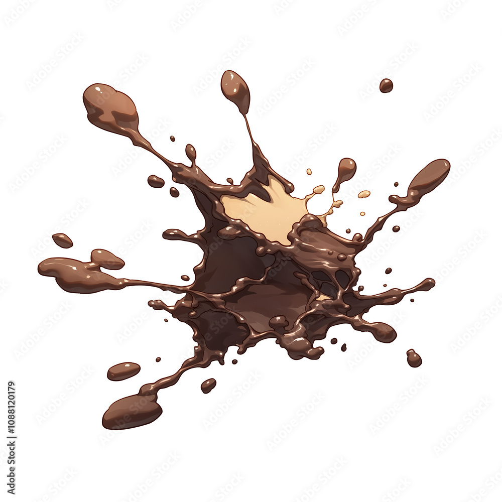 Poster dynamic splash of chocolate milk isolated on white background, capturing fluid motion and rich textu