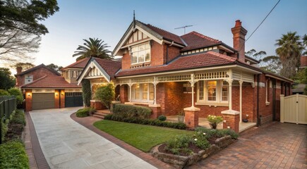 Beautiful Suburban Brick House in Sydney With Classic Architecture and Landscaped Garden. Generative AI