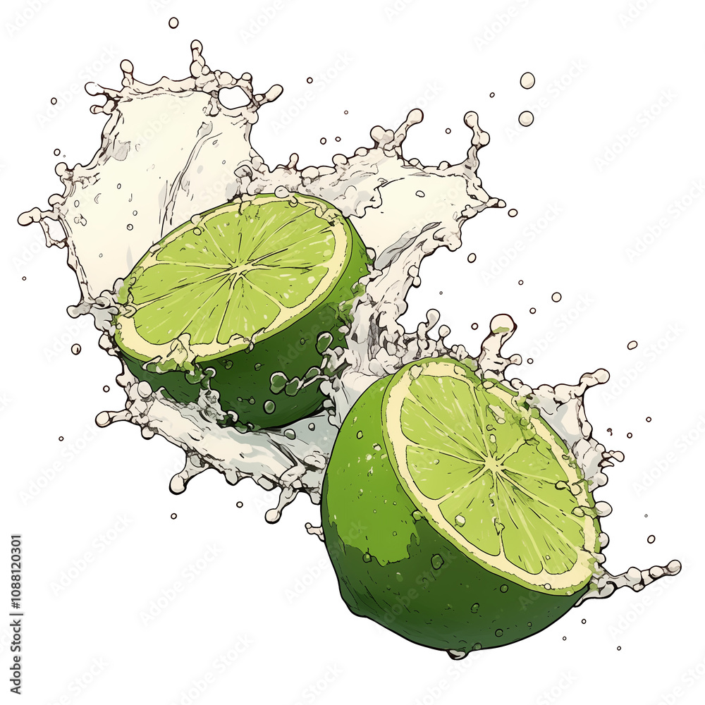 Poster Fresh lime halves splash in water, creating dynamic and refreshing scene. vibrant green color and motion convey sense of energy and zest