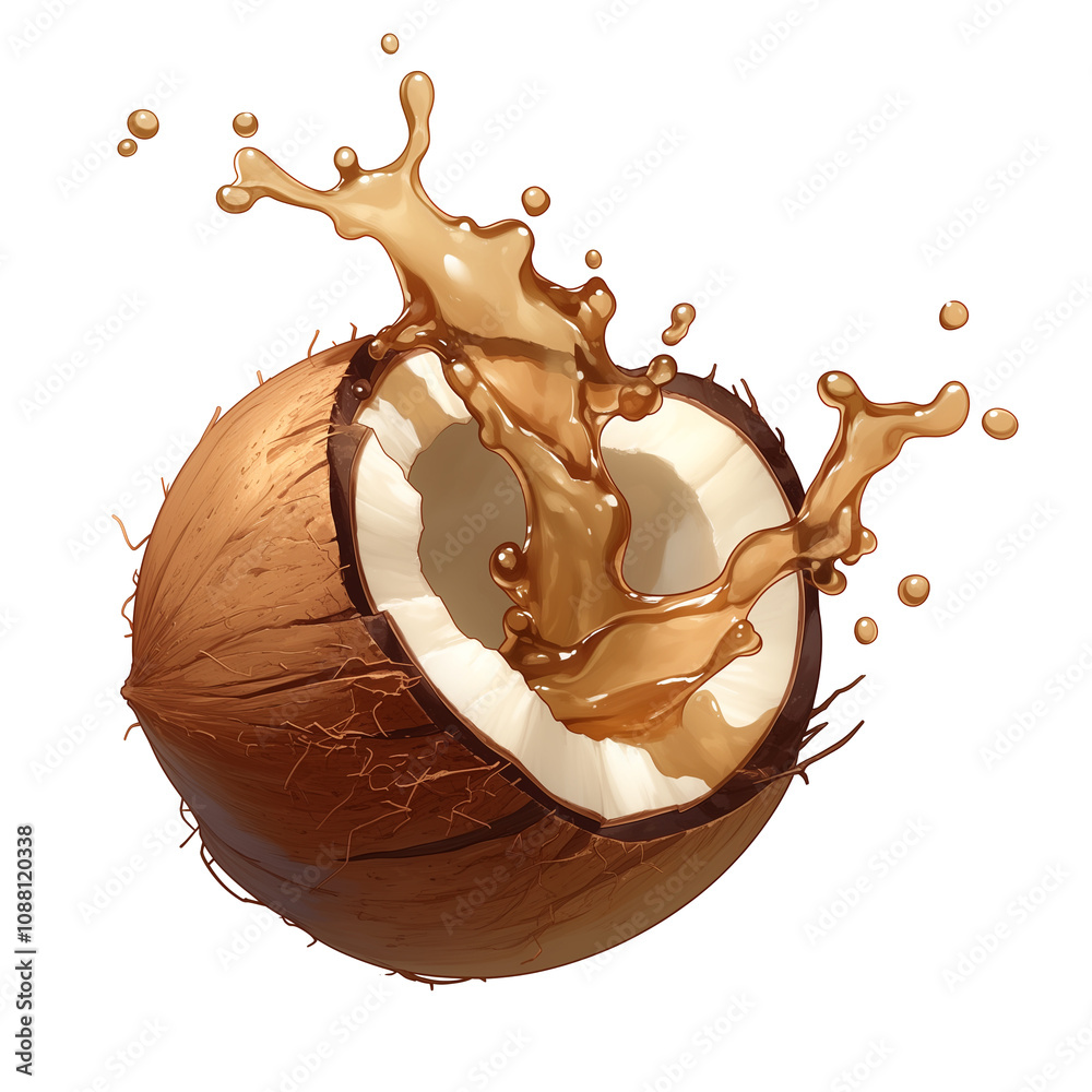 Poster coconut with water splashing out is isolated on white background, capturing dynamic and refreshing m