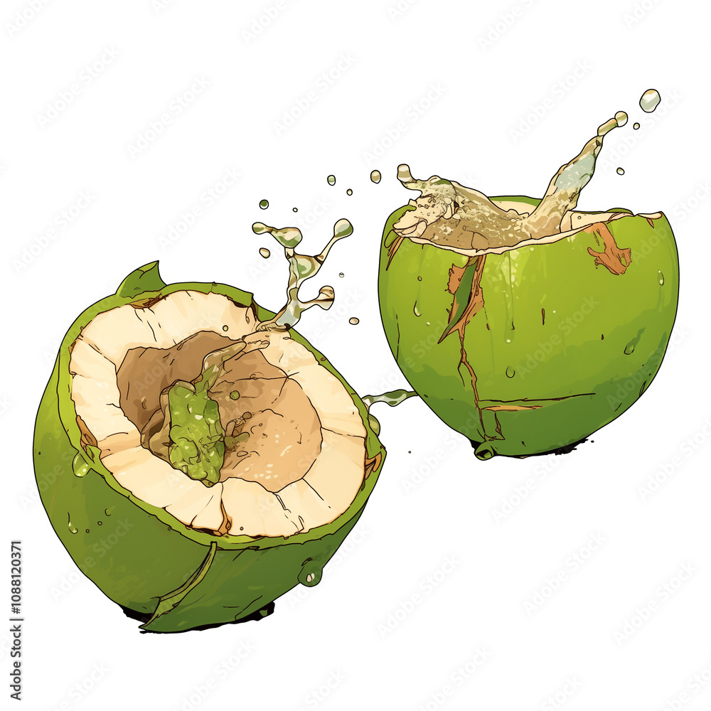 Poster fresh green coconut split open with water splashing out, isolated on white background, capturing ref