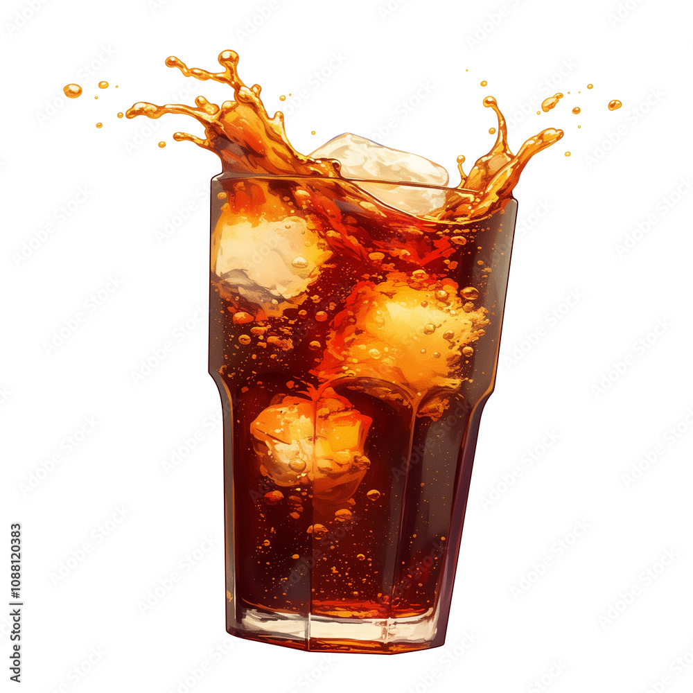 Poster refreshing splash of cola with ice cubes isolated on white background, capturing dynamic motion and effervescence of beverage