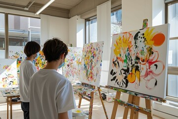 アトリエで油絵を描く日本人の大学生
