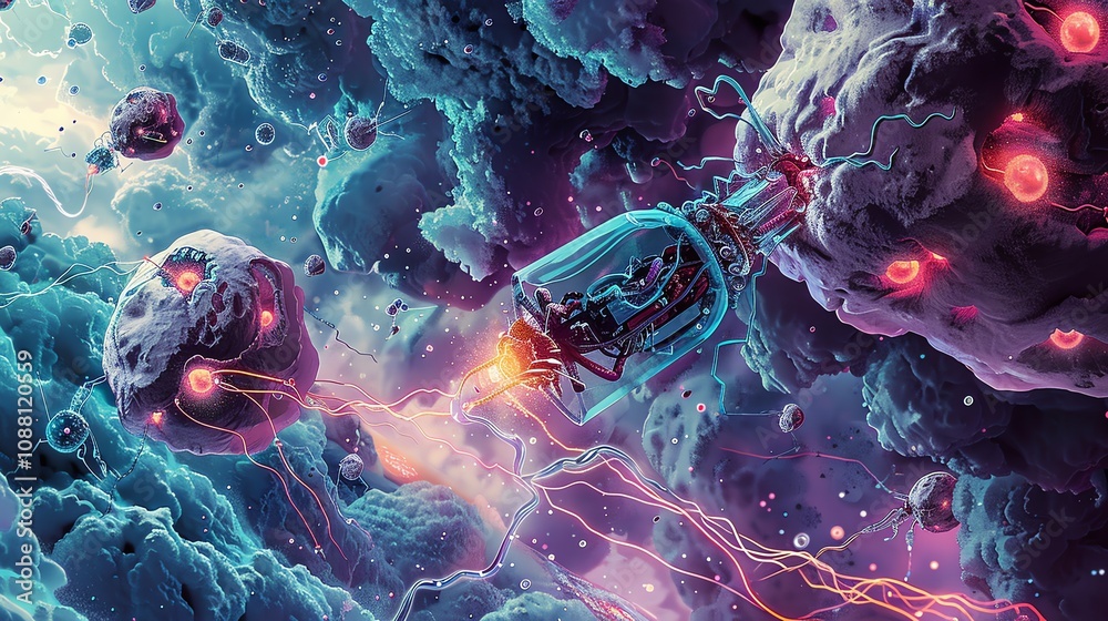 Wall mural a futuristic spaceship, encased in glass, hurtles through a vibrant, chaotic nebula, dodging asteroi