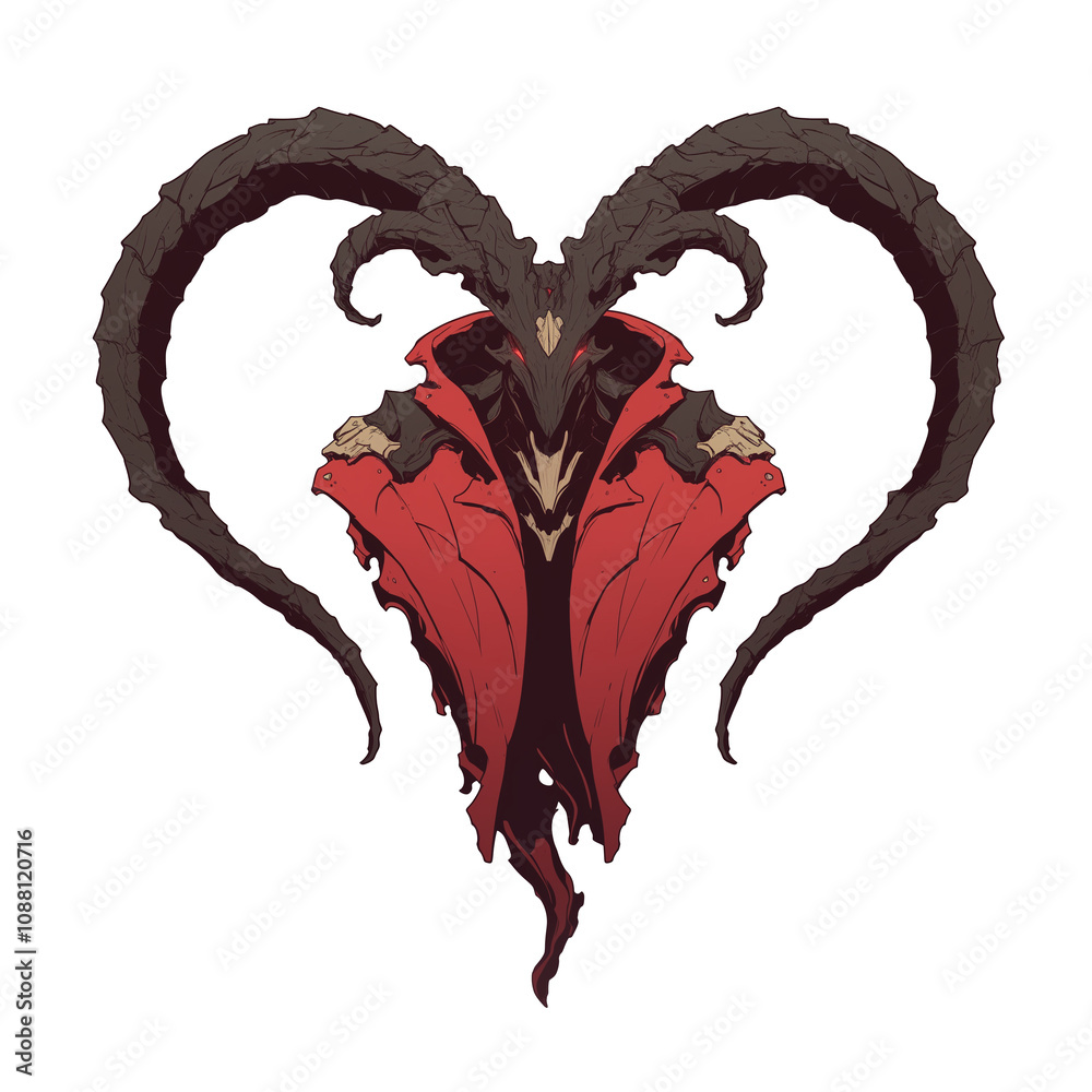 Poster devilish heart with horns and red cloak, isolated on white background, exudes mysterious and dark au