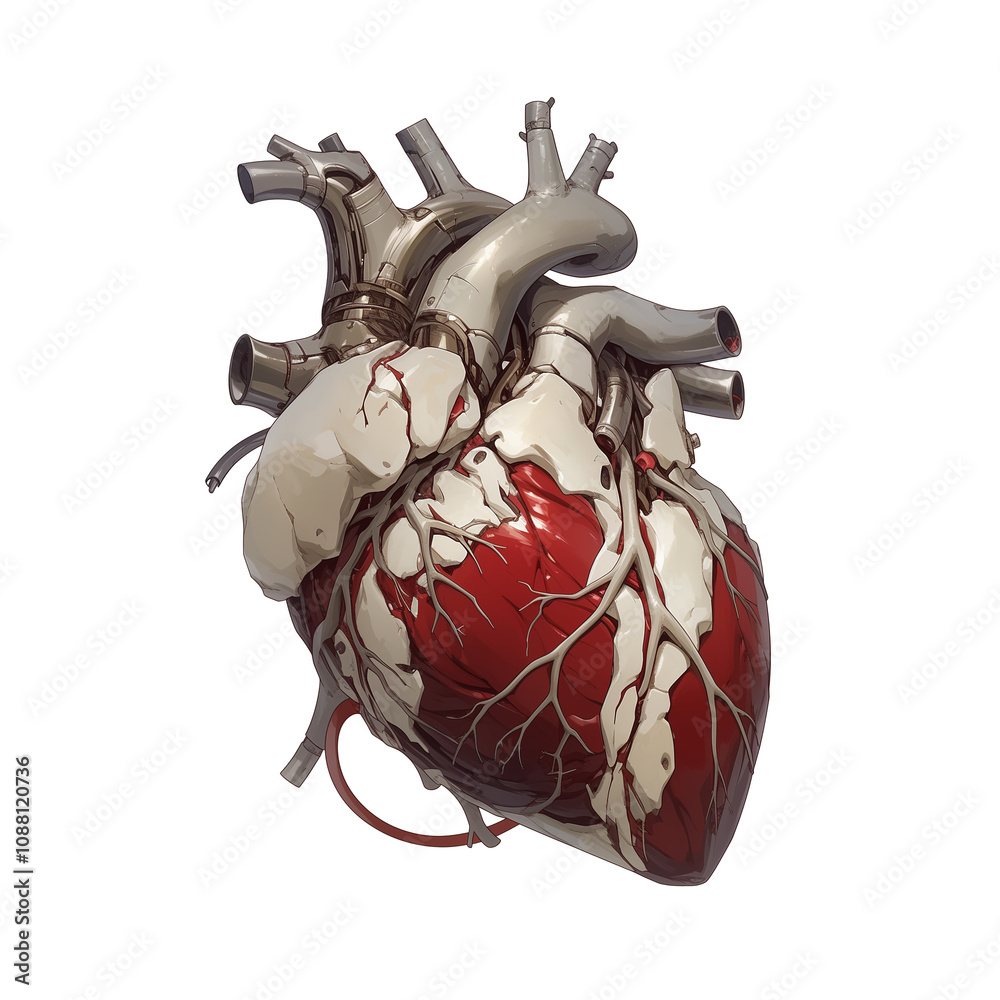 Poster detailed illustration of anatomical heart with devilish theme, featuring metallic elements and vivid