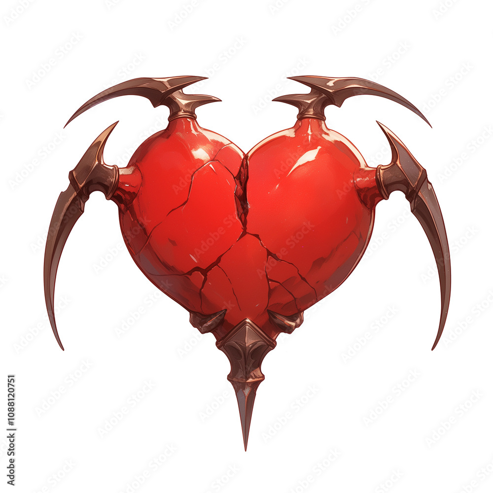 Aufkleber cracked red heart with sharp metallic spikes, symbolizing mix of love and danger, isolated on white 