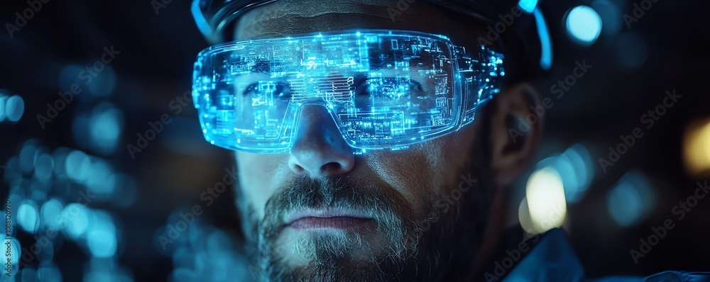 Aufkleber Futuristic miner in an underground tunnel, using a neon blue holographic interface to access critical data for precise and efficient resource extraction