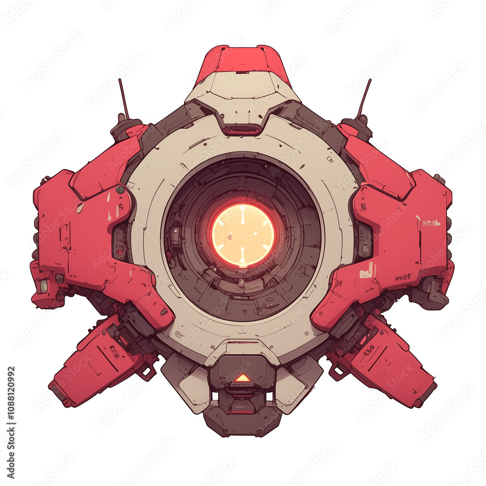 Aufkleber futuristic red and white energy core with glowing center, designed in cyberpunk style, isolated on white background. intricate details and vibrant colors create dynamic and engaging visual