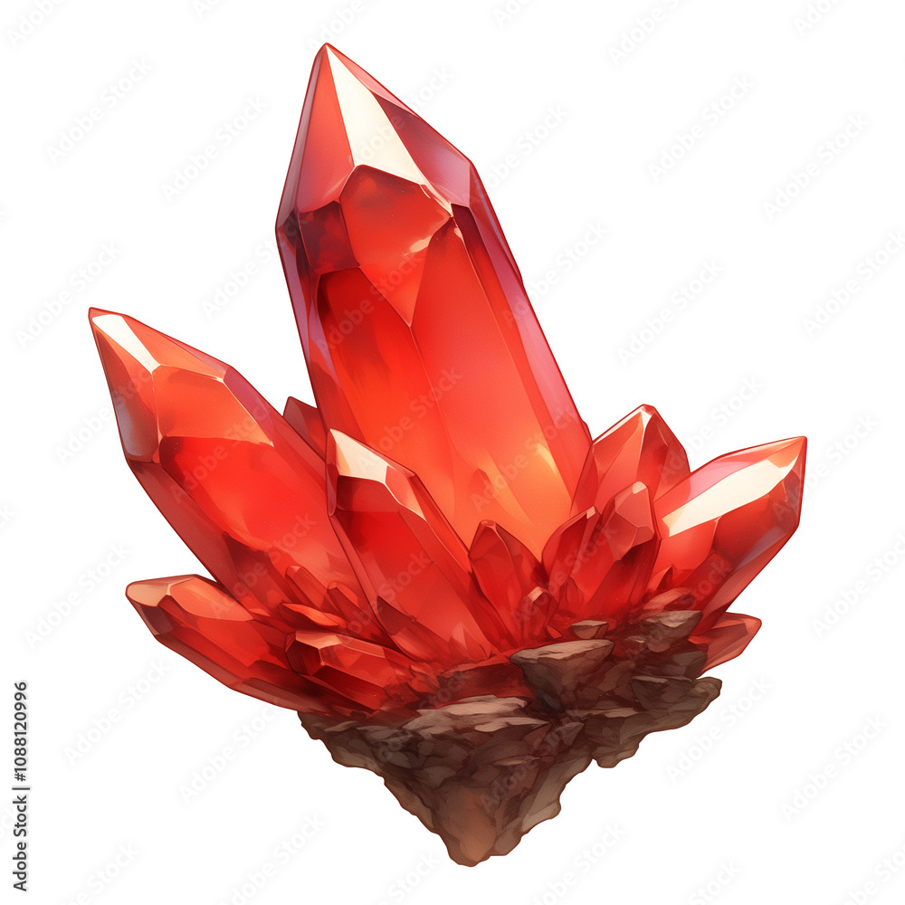 Poster Red crystal with sharp facets and rocky base, isolated on white background, showcasing its vibrant color and intricate structure. Perfect for energy and healing concepts