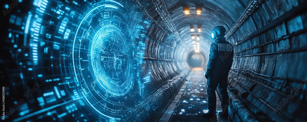 Aufkleber Futuristic miner in an underground tunnel, using a neon blue holographic interface to access critical data for precise and efficient resource extraction