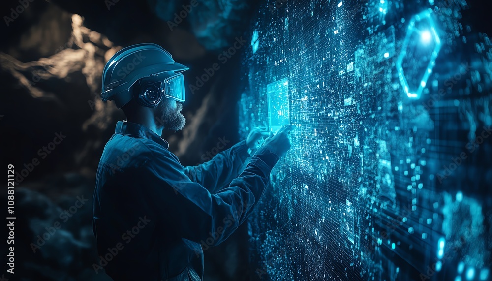Aufkleber Futuristic mining scene with a miner using a neon blue holographic interface underground, accessing complex data for optimized resource extraction in a hightech environment