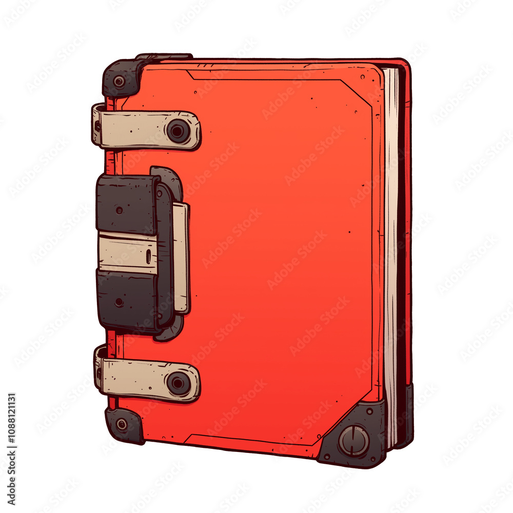 Poster futuristic red notebook with cyberpunk design elements, featuring metallic hinges and rugged appearance, isolated on white background