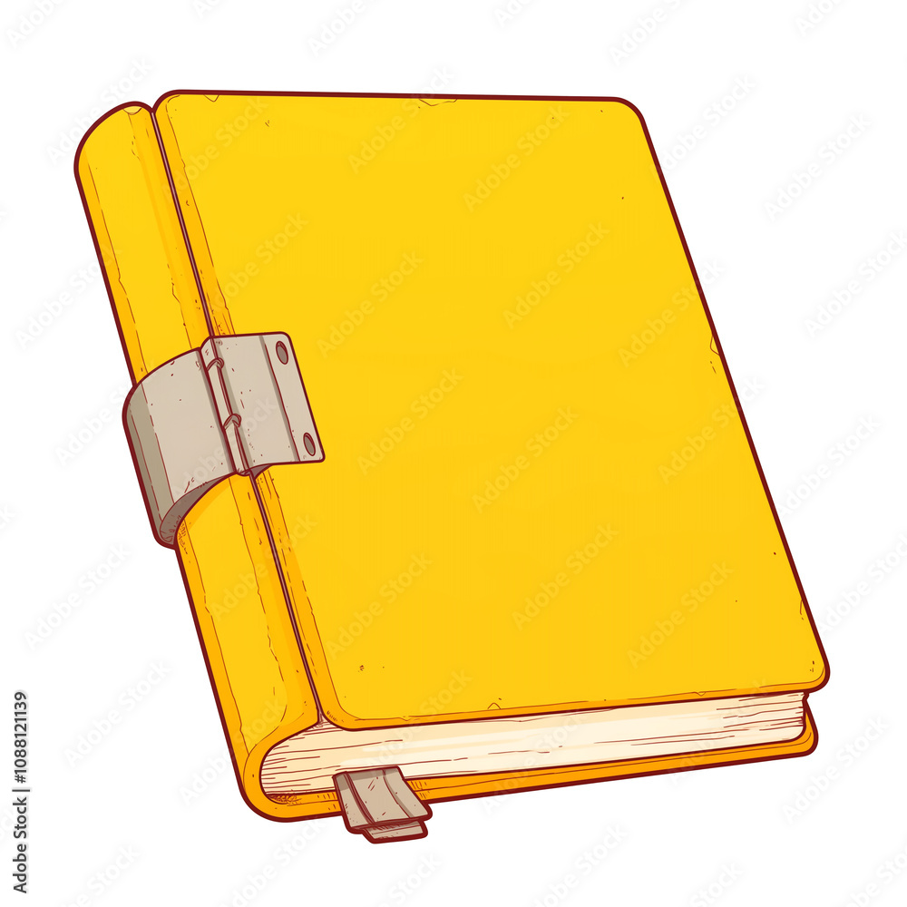Poster vibrant yellow book with metal clasp, featuring simple and clean design, isolated on white backgroun