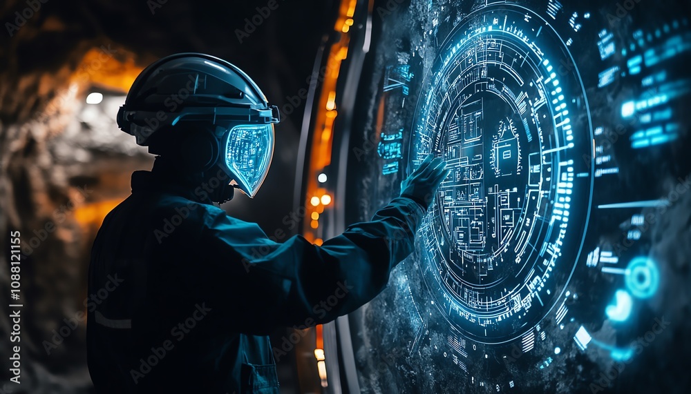 Aufkleber Futuristic mining scene with a miner using a neon blue holographic interface underground, accessing complex data for optimized resource extraction in a hightech environment