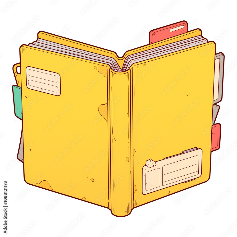 Poster Yellow folder icon with cyberpunk flat design, featuring tabs and labels, isolated on white background. folder has futuristic and digital aesthetic, ideal for tech themed projects