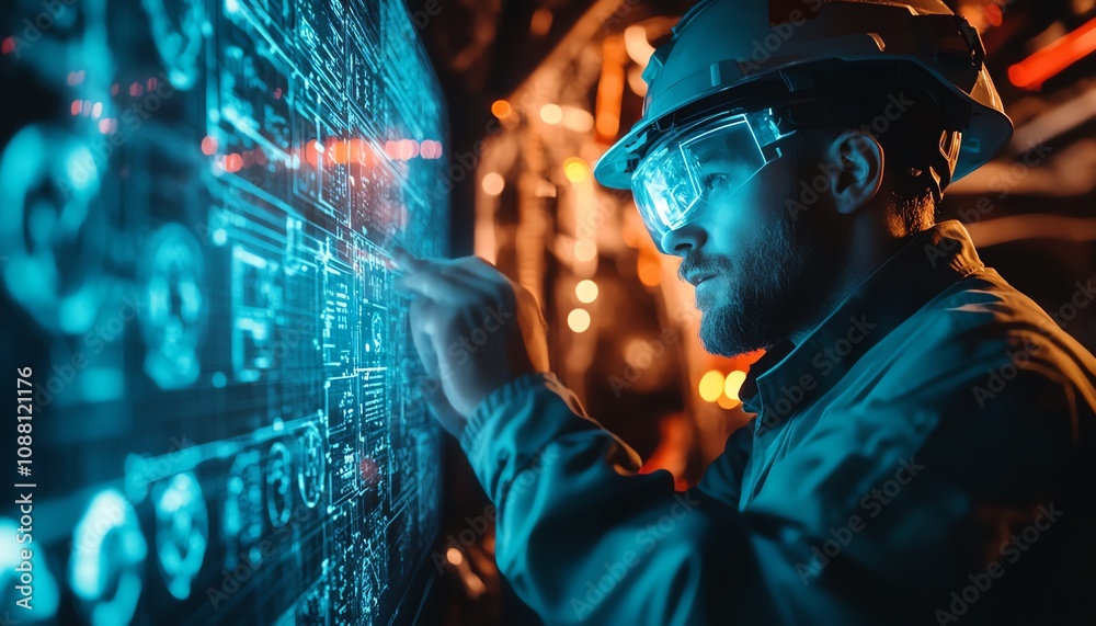 Aufkleber Futuristic mining scene with a miner using a neon blue holographic interface underground, accessing complex data for optimized resource extraction in a hightech environment