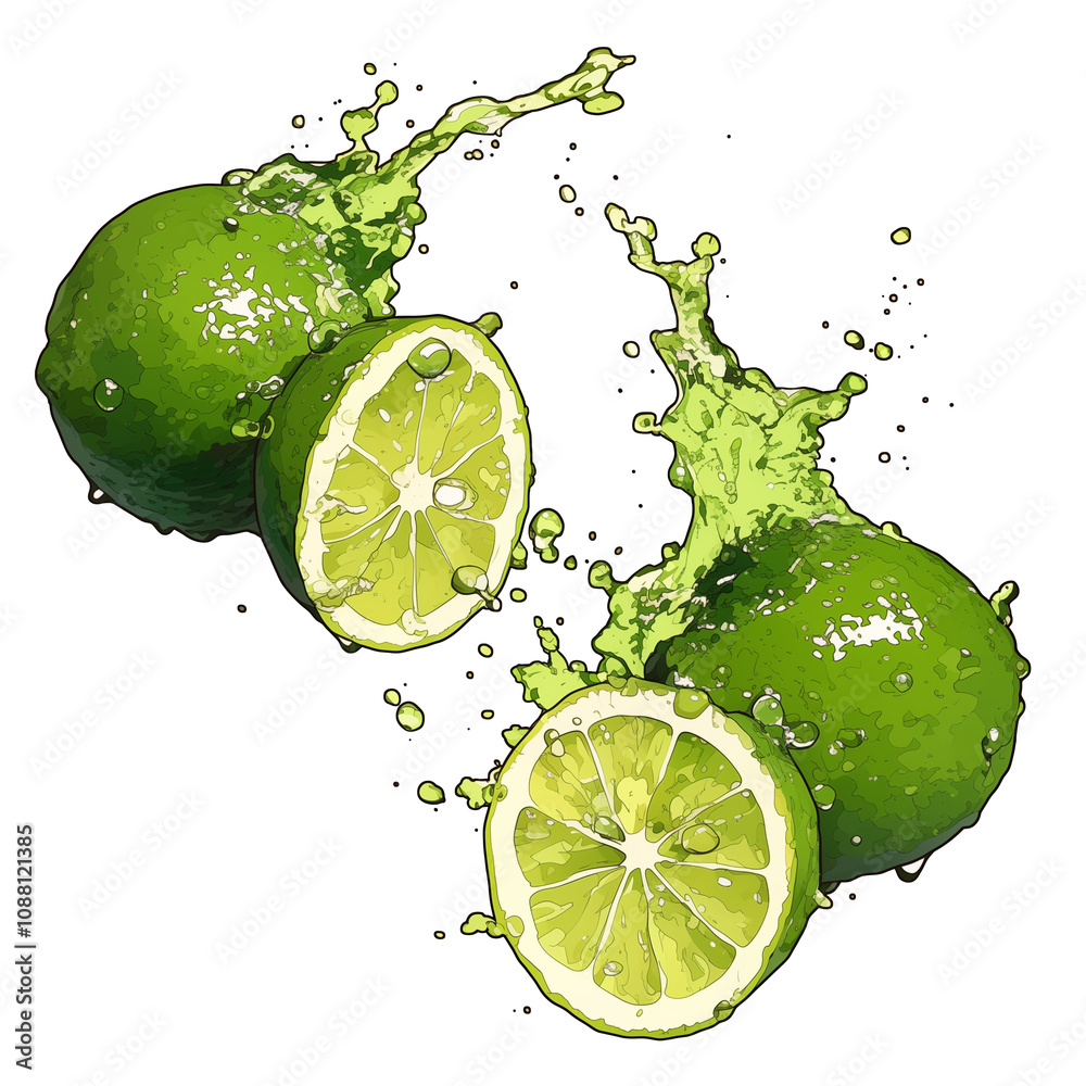 Aufkleber Fresh limes with vibrant green splashes create dynamic and refreshing scene, capturing essence of citrus energy and zest