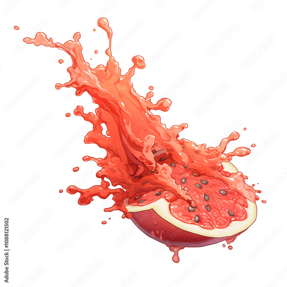 Poster vibrant splash of guava juice erupts from sliced guava, isolated on white background, capturing fres