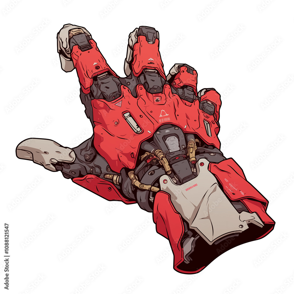 Poster cyberpunk inspired robotic hand with intricate red and gray design, showcasing advanced technology a