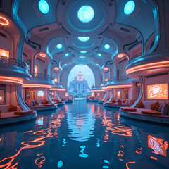 Obraz premium A serene futuristic lounge by the water with soft neon illuminations and luxurious pools, digital art of interior design concept.