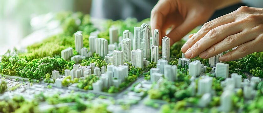 Hands of an urban planner designing a city model with lush greenery, illustrating ecofriendly city planning, sustainable architecture, and green design principles