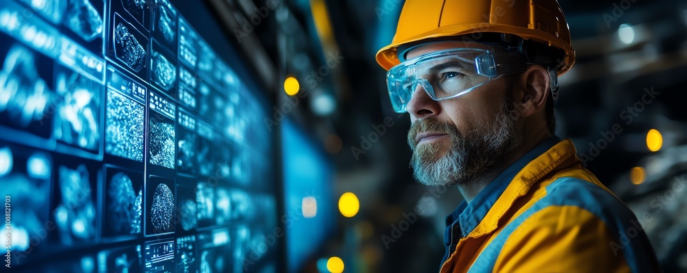 Aufkleber Miner operating a futuristic neon blue holographic interface underground, extracting valuable resources with precision using advanced technology in a hightech mining environment