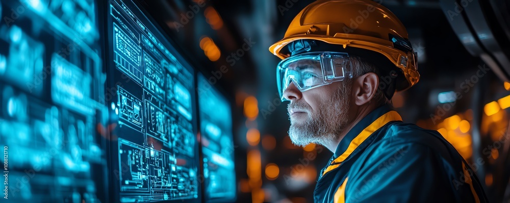 Aufkleber Miner operating a futuristic neon blue holographic interface underground, extracting valuable resources with precision using advanced technology in a hightech mining environment