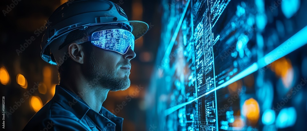 Aufkleber Miner using a neon blue holographic interface underground, accessing data for precise resource extraction in a hightech futuristic mining environment