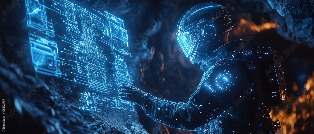 Aufkleber Miner using a neon blue holographic interface underground, accessing data for precise resource extraction in a hightech futuristic mining environment