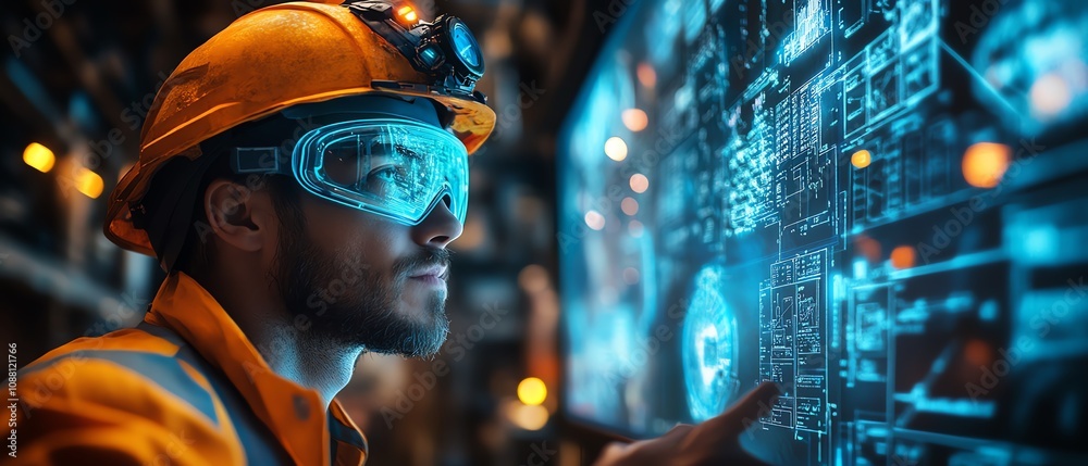 Aufkleber Miner using a neon blue holographic interface underground, accessing data for precise resource extraction in a hightech futuristic mining environment