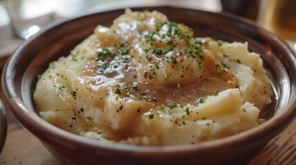 A bowl of creamy mashed potatoes with gravy and parsley.