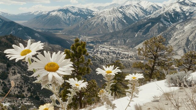 white flowers over snowy mountains