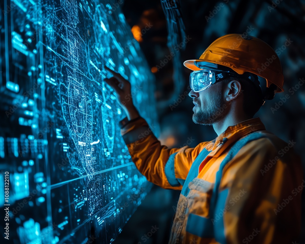Aufkleber Underground miner interacting with a neon blue holographic display, analyzing data for effective resource extraction in a futuristic mining operation