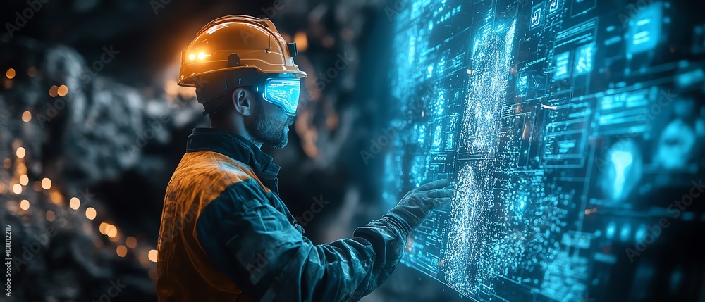 Aufkleber Underground miner working with a neon blue holographic interface, displaying realtime data for precise resource extraction in an advanced mining facility