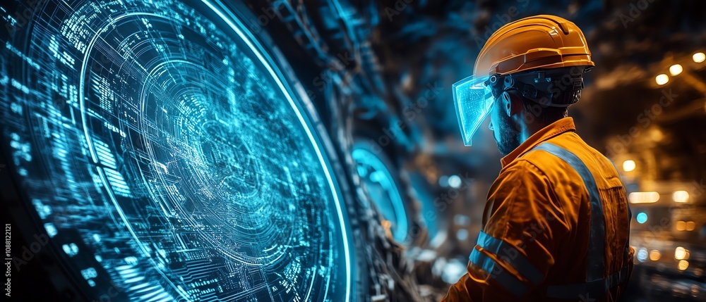 Aufkleber Underground miner working with a neon blue holographic interface, displaying realtime data for precise resource extraction in an advanced mining facility