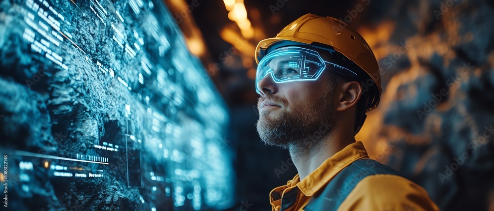 Aufkleber Underground miner working with a neon blue holographic interface, displaying realtime data for precise resource extraction in an advanced mining facility