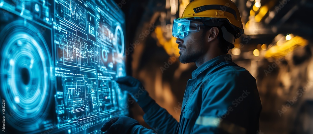 Aufkleber Underground miner working with a neon blue holographic interface, displaying realtime data for precise resource extraction in an advanced mining facility